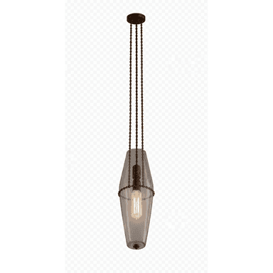 A modern pendant light featuring a smoked glass shade with an inverted conical shape, suspended by three dark bronze-finished chains from a circular canopy. An exposed Edison-style filament bulb is visible within the translucent grey glass. — 3D model (AI enhanced source)