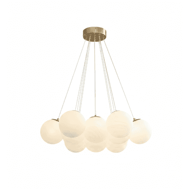 A modern multi-light chandelier featuring a circular brass canopy from which multiple white frosted glass globes are suspended at varying heights by thin wires. The globes appear to be internally illuminated, suggesting a soft, diffused light output. — 3D model (AI enhanced source)