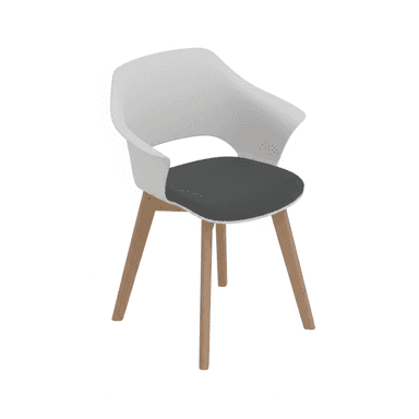 A contemporary armchair featuring a white molded plastic shell with integrated armrests and a cut-out back. The seat is fitted with a dark grey upholstered cushion. It stands on four splayed and tapered light-toned wooden legs. — 3D model (AI enhanced source)