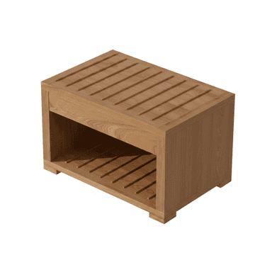 A rectangular, light brown wooden bench featuring a slatted top surface and an open storage shelf below, also with a slatted base. It has a modern, minimalist design and rests on a low plinth base. — 3D model (AI enhanced source)
