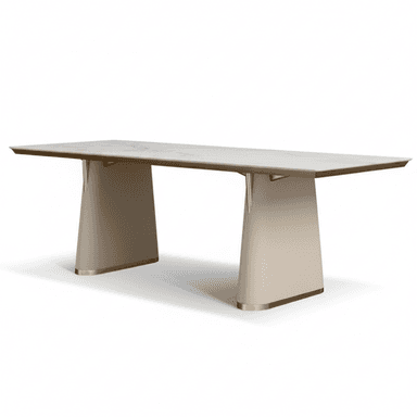 A modern rectangular dining table featuring a light-colored, possibly marble or ceramic, top. It is supported by two substantial, A-frame or trapezoidal pedestal bases, which are upholstered in a light beige material, likely fabric or leather. The bases are accented with golden brass details at the top where they connect to the tabletop and along their bottom edges, contributing to a contemporary and luxurious aesthetic. — 3D model (AI enhanced source)
