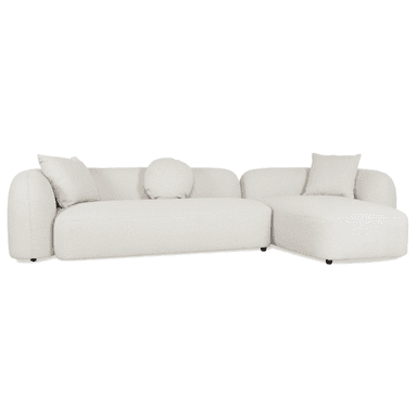 A contemporary modular sectional sofa featuring bouclé upholstery, a low profile, and soft, rounded edges, configured with a main sofa section and a right-hand chaise lounge. — 3D model (AI enhanced source)