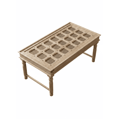 A rectangular coffee table crafted from light-toned wood, featuring extensively carved details on its frame and legs. The tabletop is segmented into a grid pattern, with each square section containing an ornate metal grille insert. The table stands on four turned legs connected by a stretcher bar, exhibiting a traditional or ethnic design aesthetic. — 3D model (AI enhanced source)