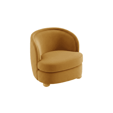 A modern, fully upholstered club armchair featuring a rounded backrest and integrated arms. The chair is covered in a plush, mustard yellow velvet-like fabric, providing a soft and inviting appearance. It has a compact silhouette with a deep, rounded seat cushion and is supported by four small, light-colored tapered wooden feet. — 3D model (AI enhanced source)