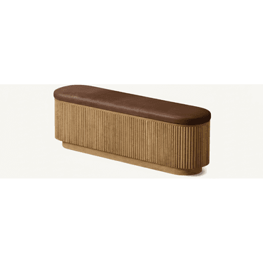 An elongated oval bench featuring a brown leather upholstered top and a base constructed from vertically reeded natural wood. The base maintains an oval form, slightly narrower than the top, and rests on a subtle plinth. — 3D model (AI enhanced source)