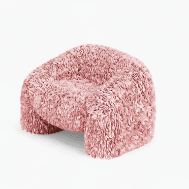 A low-profile armchair with a rounded silhouette, upholstered in a textured fabric composed of numerous small, petal-like elements. The chair has a continuous base that functions as legs, creating a seamless flow from the seat and back to the floor. The upholstery gives the piece a soft, organic, and voluminous appearance. — 3D model (AI enhanced source)
