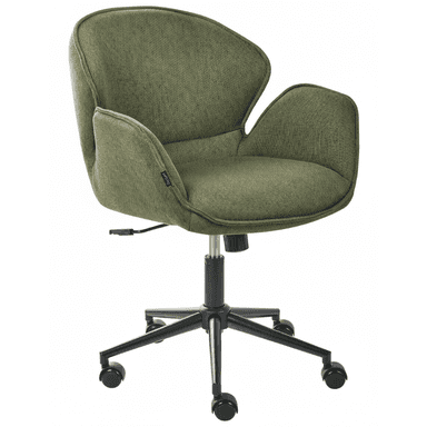 A modern upholstered desk chair in an olive green textured fabric, featuring a continuous contoured shell for the backrest and integrated armrests, supported by a black five-star caster base with swivel and height adjustment capabilities. — 3D model (AI enhanced source)