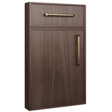 A modern dark walnut wood cabinet unit featuring a top drawer and a lower cabinet door. Both sections are equipped with sleek, cylindrical brass-finish pull handles. The wood exhibits a rich, dark brown color with a prominent grain pattern. The design is minimalist with clean lines and a framed panel aesthetic on the front surfaces. — 3D model (AI enhanced source)