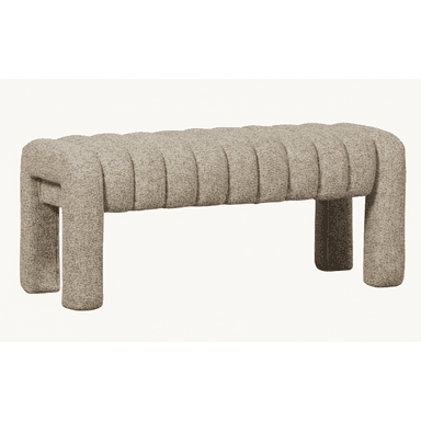 A modern upholstered bench featuring a distinctive channel-tufted design on its seating surface and integrated, rounded block legs, covered entirely in a textured, speckled beige fabric. — 3D model (AI enhanced source)