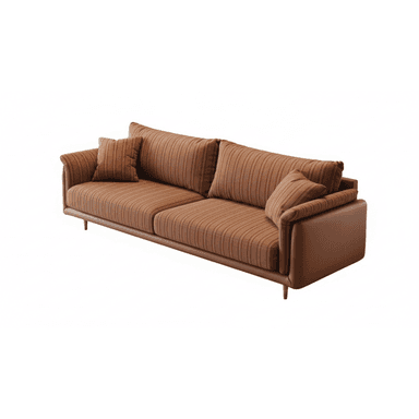 A contemporary three-seater sofa featuring a distinctive blend of materials and textures. The main body, including the arms and lower frame, is upholstered in a smooth, solid brown material, likely faux leather or a similar synthetic fabric. The seat cushions, back cushions, and accent pillows are covered in a contrasting lighter brown fabric with subtle vertical pinstripes. The sofa has a low-profile design, supported by slender, tapered metal legs, providing an elevated and modern aesthetic. It includes two large back cushions, two seat cushions, and three smaller accent pillows, all contributing to a comfortable and stylish appearance. — 3D model (AI enhanced source)