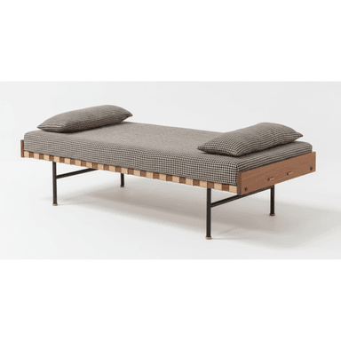 A mid-century modern daybed featuring a solid wood frame, black metal legs, a fabric-upholstered mattress, and two matching pillows. The mattress rests on a suspended base of woven light brown leather straps. One end of the wooden frame has a subtle recessed handle detail. — 3D model (AI enhanced source)
