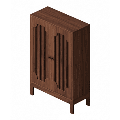 A two-door cabinet with vertical slat detailing on the doors and a decorative scalloped top edge. It stands on four straight legs and has two small, dark knobs as handles. — 3D model (AI enhanced source)