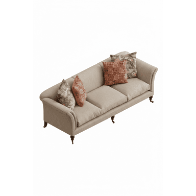 A traditional three-seater sofa upholstered in a neutral beige fabric, featuring classic rolled arms and dark turned wooden legs with brass casters. The sofa includes three separate seat cushions and several loose, patterned throw pillows. — 3D model (AI enhanced source)