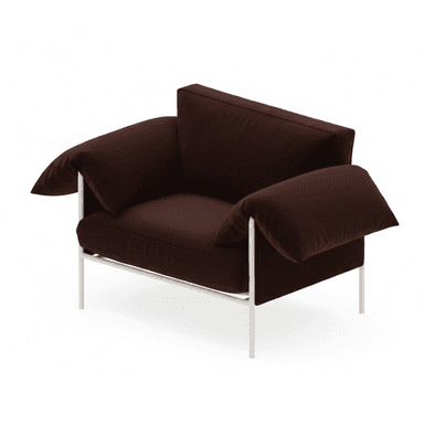 A modern lounge chair featuring a minimalist white metal frame and plush, dark brown fabric cushions. The chair includes a loose seat cushion, a rectangular back cushion, and two overstuffed, pillow-like armrests that drape over the frame. The design emphasizes comfort through its soft upholstery, contrasted with the clean lines of the exposed frame. — 3D model (AI enhanced source)