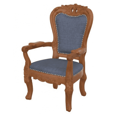 An ornate armchair featuring a carved wooden frame with intricate floral and scroll motifs, upholstered in a blue fabric on the seat and back, accented with brass nailhead trim. The chair has curved armrests and cabriole legs, indicative of historical European design. — 3D model (AI enhanced source)