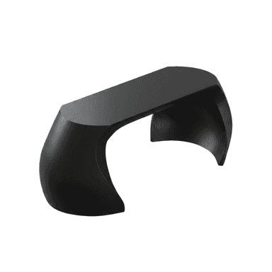 A minimalist, sculptural bench crafted from wood with a matte black finish. It features a continuous, U-shaped form, creating a seamless connection between the seat and its two curved leg supports. The design is clean, contemporary, and lacks any visible joinery or adornment, emphasizing its sleek lines and fluid silhouette. — 3D model (AI enhanced source)