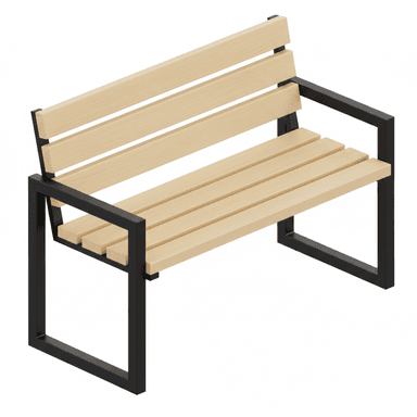 An outdoor bench featuring a minimalist design with light wood slats for the seat and back, supported by a rectangular black metal frame that also forms the armrests. — 3D model (AI enhanced source)