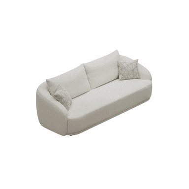 A modern, light beige three-seater sofa with a distinctive curved silhouette, upholstered in a subtly textured fabric, featuring three seat cushions, two back cushions, and two patterned throw pillows. — 3D model (AI enhanced source)