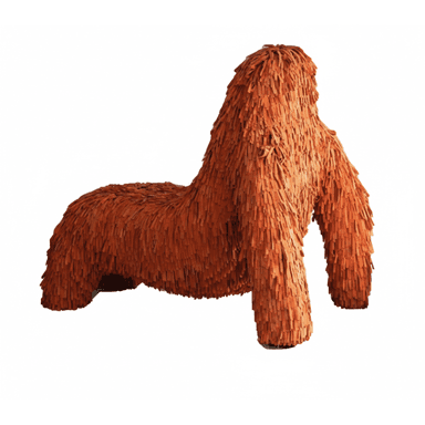 A large, organic-shaped lounge chair or seating unit, entirely covered in short, reddish-brown wooden slats or shingles, creating a shaggy, textural surface. The form is low-slung with a rising back/side, suggesting a naturalistic or abstract animal-like design. — 3D model (AI enhanced source)