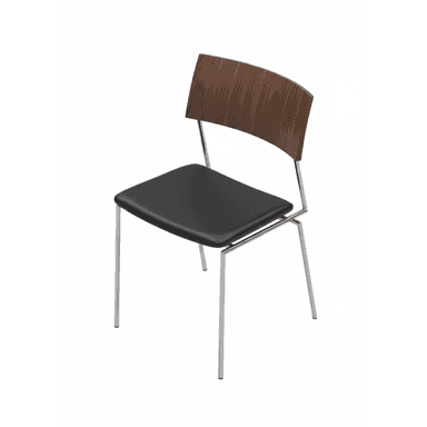 A contemporary dining chair featuring an armless design. It has a curved, dark wood (likely walnut plywood) backrest, a black upholstered seat, and a sleek four-legged frame made of chrome-plated metal. — 3D model (AI enhanced source)
