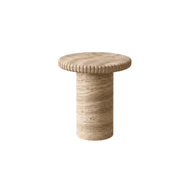 A small, round side table constructed entirely from natural travertine stone. It features a solid cylindrical pedestal base supporting a circular tabletop. The edge of the tabletop is distinctly fluted, providing a textural detail. The travertine exhibits its characteristic porous surface and natural striations in earthy beige and light brown tones. — 3D model (AI enhanced source)