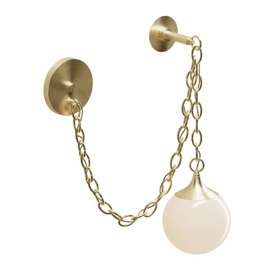 A modern wall-mounted light fixture, characterized by its brass construction and a frosted spherical glass shade, suspended by a decorative brass chain. — 3D model (AI enhanced source)