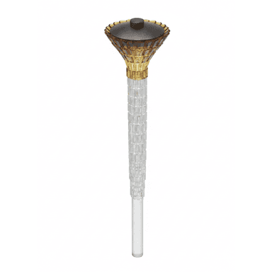 A tall, slender decorative object, likely functioning as a lamp, featuring a prominent faceted clear crystal stem. The top part consists of an amber-colored, fluted or pleated glass shade, capped with a dark, dome-shaped metallic element. A golden-toned band separates the shade from the main body. The stem is composed of numerous clear, rectangular crystal segments arranged in a stacked, tapering formation, culminating in a smooth, clear cylindrical base. The overall design suggests a luxurious and elaborate aesthetic. — 3D model (AI enhanced source)
