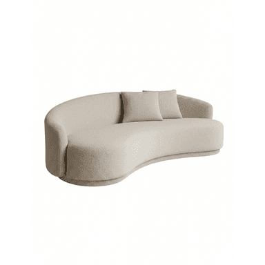 A modern curved sofa upholstered in a light beige boucle fabric, featuring a continuous low back and integrated armrests. It includes two matching square throw pillows. — 3D model (AI enhanced source)