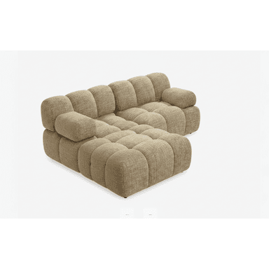 A modular sectional sofa with a low profile and rounded, tufted cushions. The sofa appears to be upholstered in a textured fabric and is configured as an L-shape with an attached ottoman. — 3D model (AI enhanced source)