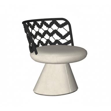 An armless chair featuring a round, upholstered seat and a conical pedestal base, paired with a black metal-framed backrest intricately woven with rope. — 3D model (AI enhanced source)