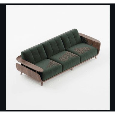 A three-seater sofa with a prominent, curved dark-toned wooden frame that forms the armrests and extends along the back and base. The sofa is upholstered in dark green velvet, featuring three separate seat cushions and a button-tufted backrest divided into three sections. The design has a distinctive mid-century modern aesthetic with tapered wooden legs. — 3D model (AI enhanced source)