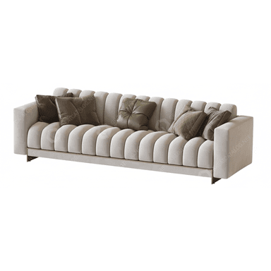 A long, contemporary sofa featuring distinctive channel tufting across its backrest and seat. Upholstered in a light, neutral-toned velvet or plush fabric, it presents a sophisticated and luxurious aesthetic. The sofa rests on a recessed plinth base, subtly elevated by a metallic, possibly brass or gold-finished, trim running along its lower edge. Several throw pillows in varying sizes, textures, and colors (dark brown leather, green velvet, quilted beige, and grey fabric) are arranged on the seat, enhancing its comfort and visual appeal. — 3D model (AI enhanced source)