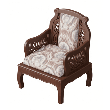 A traditional wooden armchair featuring an intricately carved frame, upholstered seat and back cushions, and cabriole legs. The wood has a dark finish, and the cushions are covered in a patterned fabric. — 3D model (AI enhanced source)
