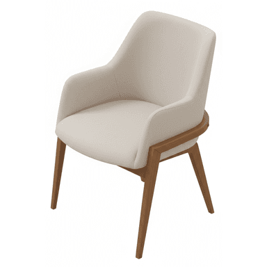 A modern upholstered armchair featuring a curved backrest and integrated armrests, supported by a visible wooden frame and four tapered legs. The upholstery is a light, neutral fabric, and the wooden frame has a medium brown finish. — 3D model (AI enhanced source)