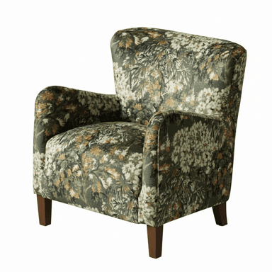 An upholstered armchair featuring a dense botanical pattern with green, white, and brown foliage and flowers, supported by four tapered wooden legs. — 3D model (AI enhanced source)