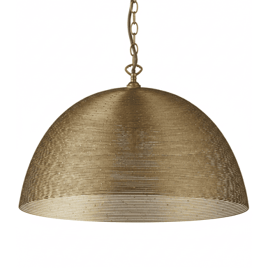 A dome-shaped pendant light featuring a shade constructed from tightly coiled or woven brass-toned metal wire. The wire creates a semi-transparent, textured surface that would diffuse light. The fixture is suspended by a matching metal chain, leading up to a ceiling mount (not fully visible). The metallic finish appears to be an aged or antique brass. — 3D model (AI enhanced source)
