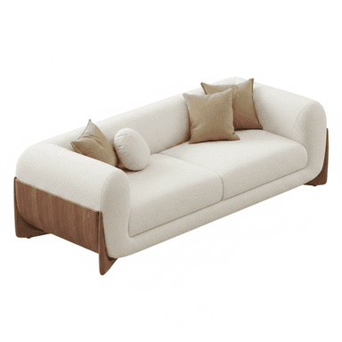 A contemporary two-seater sofa featuring a clean, rounded silhouette and a distinctive integrated wooden base. The sofa is upholstered in a textured, cream-colored fabric, likely bouclé or a similar woven material. It includes two back cushions and three accent pillows—two square and one round—in a complementary light brown hue. The dark wooden base wraps around the lower part of the sofa, providing both structure and a stylish visual contrast to the light upholstery. The design emphasizes comfort with its soft edges and plush appearance. — 3D model (AI enhanced source)