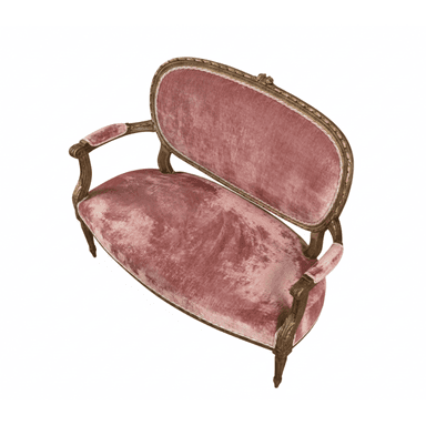 A small, ornate sofa with a curved back and seat upholstered in a dusty rose velvet fabric. The frame appears to be carved wood with a gilded finish. It has open arms with upholstered pads and is supported by four carved legs. — 3D model (AI enhanced source)