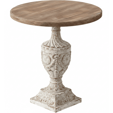 A rustic-style accent table featuring a round, light wood planked top and a highly ornate, distressed whitewashed pedestal base. The base has a detailed urn-like shape with decorative carvings and a square plinth foot, exhibiting a chipped paint finish with hints of a darker base showing through. — 3D model (AI enhanced source)