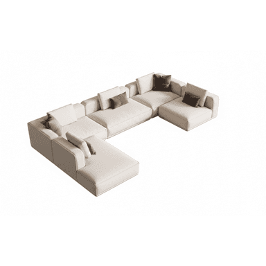 A modular, U-shaped sectional sofa with a low profile and clean lines. It features multiple seating modules, including a chaise lounge section. The sofa is upholstered in a light-colored fabric and comes with several accent pillows. — 3D model (AI enhanced source)