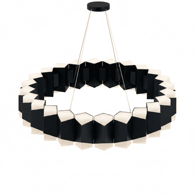 A contemporary, black and white, hexagonal ring-shaped chandelier suspended by thin cables. It features segments that alternate between opaque black and translucent illuminated sections, forming a visually striking circular light fixture. — 3D model (AI enhanced source)