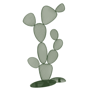 A decorative coat rack designed in the abstract shape of a cactus. It features multiple flat, oval-shaped elements of varying sizes, interconnected to form a vertical structure. The elements are constructed from a fine mesh material, giving them a lightweight and airy appearance. The base is composed of two flattened oval shapes, providing stability. The overall design is stylized and modern, mimicking the form of a prickly pear cactus. — 3D model (AI enhanced source)