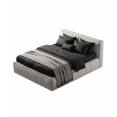 A modern upholstered platform bed featuring a low-profile base and a tall, pleated headboard. The bed is covered in a light beige or off-white fabric, with a distinctive vertical pleated texture on both the headboard and the perimeter of the bed base. It is dressed with black bedding and a grey knitted throw blanket. — 3D model (AI enhanced source)