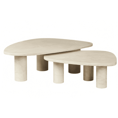 A set of two nesting coffee tables crafted from light-colored travertine, featuring irregular, organically shaped tabletops and sturdy cylindrical legs. — 3D model (AI enhanced source)