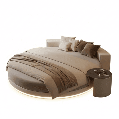 A modern, round bed with a large, padded headboard that curves around the back. It features integrated LED lighting beneath the circular base, giving a subtle floating effect. The bed is upholstered in a light, neutral fabric, and includes a matching cylindrical side table seamlessly integrated or positioned next to it. It is dressed with neutral-colored bedding and decorative pillows. — 3D model (AI enhanced source)