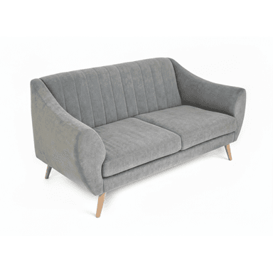 A gray upholstered two-seater sofa with a mid-century modern aesthetic, featuring channel tufting on the backrest and tapered wooden legs. — 3D model (AI enhanced source)