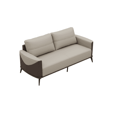 A contemporary two-seater loveseat featuring light beige upholstered cushions and seat, contrasted by dark brown woven side and back panels. The sofa has a streamlined profile with straight armrests and rests on slender, dark-finished metal legs. — 3D model (AI enhanced source)