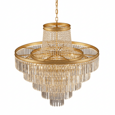 A multi-tiered chandelier featuring a gold-finished metal frame adorned with numerous crystal elements. The top tier is a cylindrical drum shape with crystal bead strands, while the lower tiers are progressively wider, featuring rectangular crystal rods suspended from the circular gold bands. It is suspended by a decorative gold chain. — 3D model (AI enhanced source)