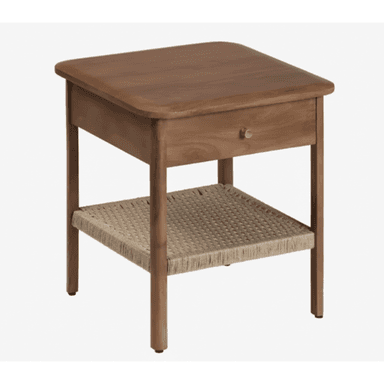 A square-top nightstand crafted from wood, featuring a single storage drawer with a brass knob and a lower shelf made from woven rattan or jute. The tabletop corners are rounded, and the legs are straight, giving it a clean, contemporary appearance. — 3D model (AI enhanced source)