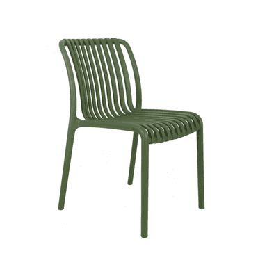 A contemporary olive green side chair made from molded plastic, featuring a slatted backrest and seat with an integrated frame. — 3D model (AI enhanced source)